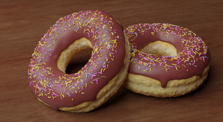 Wall Mural - unhealthy but tempting sugary dessert - two yummy and delicious chocolate donuts with colored sprinkles on shinny wood table in calories and sugar abuse nutrition concept