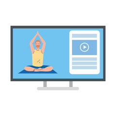 online, yoga concept, man practices yoga and meditation, watching a broadcast on a computer vector illustration design