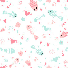 Hand Drawn Kid Seamless Pattern. Pastel Pink And Blue Hearts, Cat Paws Footprints, Cute Fish Abstract Texture Background. Vector Illustration For Child Print Design, Paper, Fabric, Decor, Gift Wrap