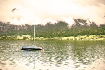 Poster - Austrian landscape with yacht