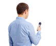 © Di Studio - back view of male journalist or reporter with microphone interviewing anybody isolated on white, focus on microphone