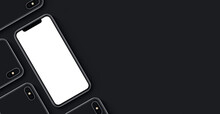 Smartphone Mockup Banner With Copy Space. Smartphones Mockup Top View Flat Lay. New Frameless Smartphone Back Side And Front Side Mockup. For Mobile App, Game Design Or Mobile Web Design Presentation.