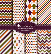 Set Of Halloween Seamless Backgrounds. Collection Of Geometric Patterns In The Traditional Halloween Colors. Vector Illustration.