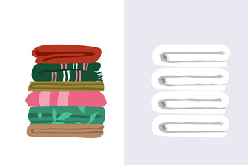 Vector illustration of two types of towels. White terry towels pile and mix matched worn towels folded flat in layers. Ordinary bath towels of different size and color in a pile