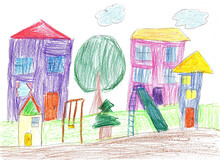 Child's Drawing. House, Trees And Bench