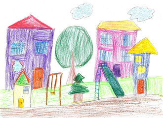 Child's drawing. House, trees and bench