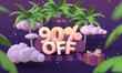 90 Ninety percent off 3D illustration in cartoon style. Summer clearance, sale, discount concept.