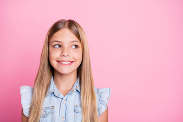 Poster - Portrait of content candid kid child look copyspace enjoy spring weekend wear stylish outfit isolated over pastel color background