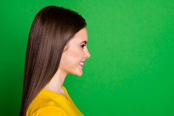 Sticker - Close-up profile side view portrait of her she nice-looking attractive pretty lovely cheerful cheery straight-haired girl healthy haircare isolated on bright vivid shine vibrant green color background