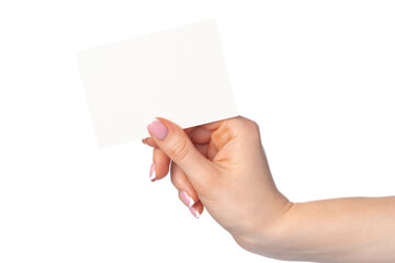 Poster - Woman's hand with blank white business card isolated on white