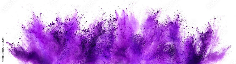 bright purple lilac holi paint color powder festival explosion isolated white background. industrial print concept background - obrazy, fototapety, plakaty 