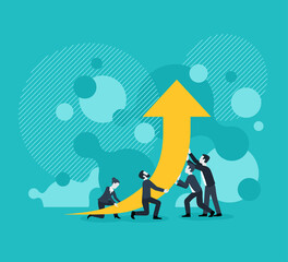 Wall Mural - People group (working team) holding chart scheme with arrow up on abstract background - vector concept for illustration of profit, growth, success