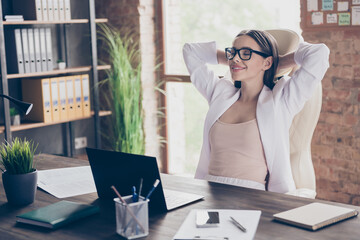 Wall Mural - Profile side view portrait of her she pretty chic classy luxury dreamy cheery lady skilled specialist partner freelancer resting at modern industrial loft brick interior workplace workstation