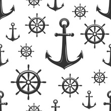 Nautical Seamless Pattern With Black Helms And Anchors On White.