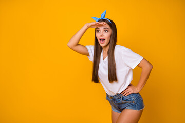 Sticker - Portrait of astonished crazy excited girl look see unbelievable adverts impressed scream wow omg wear good look white blue headband clothes isolated over bright color background