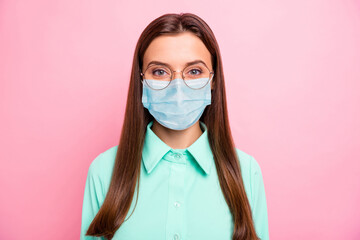 Wall Mural - Close-up portrait of her she nice attractive intelligent straight-haired girl wearing gauze safety mask air pollution problem co2 influenza preventive measures isolated pink color background