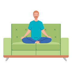 Wall Mural - man meditating sitting in couch, concept for yoga, meditation, relax, healthy lifestyle vector illustration design