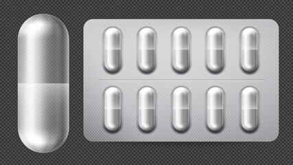 Wall Mural - Medical pill packaging with capsules. Illness and pain treatment with painkiller, antibiotic or vitamin tablet. 3d realistic blister icon with drugs isolated on transparent background vector