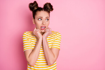 Wall Mural - Close-up portrait of her she nice-looking attractive lovely pretty scared worried girl feeling fear expecting bad news phobia isolated over pink pastel color background