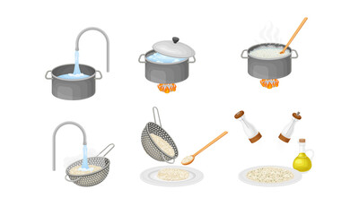 Wall Mural - Cooking Rice Process with Head Rice Washing and Poaching on Burner Vector Set