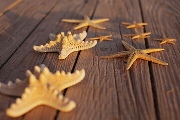 Starfish on a wooden pier poured over a wooden deck. Summer vacation concept. Holidays by the sea