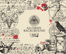 Alchemy Background In Vintage Style. Artistic Illustration On Alchemical Theme With Black Hand-drawn Sketches, Handwritten Scribbles And Notes, Red Blots And Place For Text On The Old Paper Background