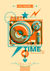 Retro style party poster design with turntable. Vector illustration.