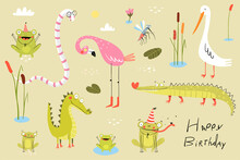 Funny Swamp Animals, Birds, Reptiles And Nature Items Collection. Pond Living Animals Snake, Crocodile, Frogs, Flamingo, Duck Or Heron With Reeds And Cane. Clipart Collection For Kids.