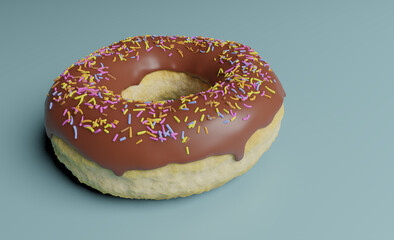 unhealthy but tempting sugary dessert - yummy and delicious chocolate donut with colored sprinkles on blue table - calories and sugar abuse nutrition concept