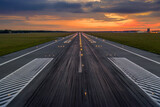 Fototapeta Pomosty - Used concrete asphalt airport empty runway with many braking marks, markings for landings and all navigation lights on. Clear for comercial airplane landing or taking off in Wroclaw airport