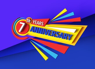 7th birthday - 3d rendering banner logo design. Seven years anniversary badge emblem. Congratulatory creative layout. Abstract geometric poster. Bright raster bitmap digital illustration.