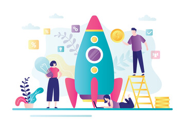 Wall Mural - startup development concept. male investor with money and female character with new business idea. t