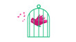 © d_odin - Lilac bird tweets in a turquoise cage. Vector illustration.