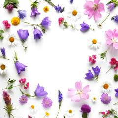 Wall Mural - Flowers  flat lay. Pattern from plants, wild flowers isolated on white background, top view. The concept of summer, spring, Mother's Day, March 8. 