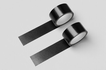 Two black unrolled duct tapes mockup on a grey background.