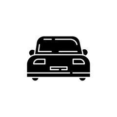 Wall Mural - Auto black glyph icon. Front view on car. Vehicle for transportation. Personal car. Clear windshield. Sedan for carsharing. Taxi service. Silhouette symbol on white space. Vector isolated illustration