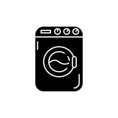 Sticker - Laundromat black glyph icon. Public laundry place. Electric washing machine. Apartment amenity. Technology to tide garment. Silhouette symbol on white space. Vector isolated illustration