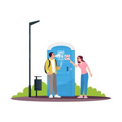 Poster - Man smoking next to a no smoking WC semi flat RGB color vector illustration. Criticizing for breaking rules. Blue portable unisex public toilet. Isolated cartoon character on white background