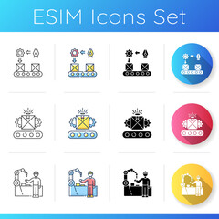 Sticker - Industrial work icons set. Linear, black and RGB color styles. Continuous production flow, custom manufacturing and employee training. Production and maintenance. Isolated vector illustrations