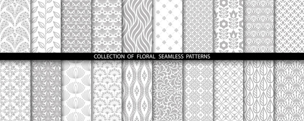 Geometric floral set of seamless patterns. Gray and white vector backgrounds. Simple illustrations.