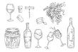 Wine sketch hand drawn set with glass, vine, grape, opener isolated on white. Collection in engraving vintage style with bottles, corks, cask for logos, labels, packages, menus.