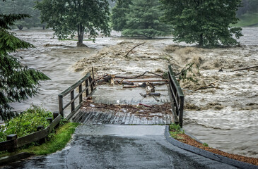 bridge washout during storm, hurrica irene, quechee, vermont