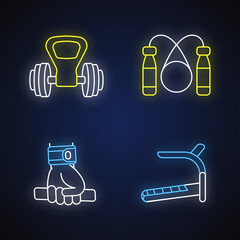 Poster - Exercise equipment neon light icons set. Kettlebell handle, jump rope, wrist wraps and treadmill signs with outer glowing effect. Sport gear. Vector isolated RGB color illustrations