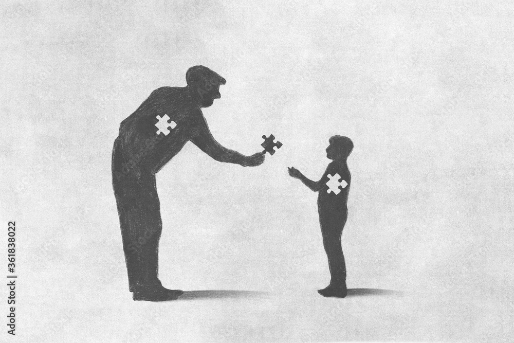 illustration of a man giving the missing puzzle to a child, sacrifice concept - obrazy, fototapety, plakaty 