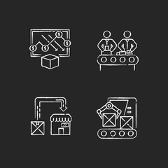 Sticker - Manufacturing business chalk white icons set on black background. Cost reduction analysis, product assembly, production line and post manufacturing. Isolated vector chalkboard illustrations