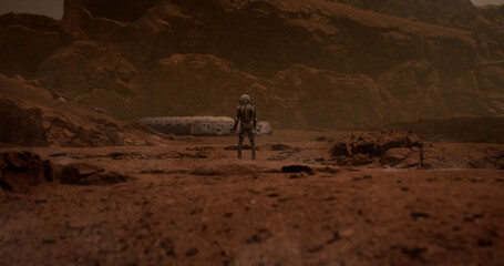 Wall Mural - astronaut looking on a space habitat colony from a distance. mars colonization concept. 3d rendering