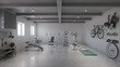 Private hotel home gym in basement showcase. Light sport room with gym equipment storage rendering