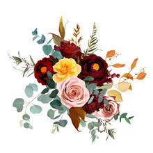 Mustard Yellow And Dusty Pink Rose, Burgundy Red Dahlia, Emerald Green And Teal Blue Eucalyptus