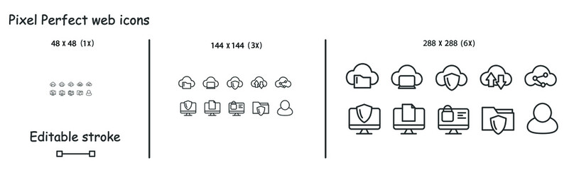 Cloud storage icons. Web file transfer and data security concept linear pictograms set. Pixel perfect 48x48, 144x144 and 288x288 editable stroke vector illustrations for ui, web and mobile development
