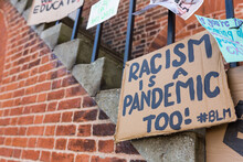 Woodbridge, Suffolk, UK June 20 2020: Homemade BLM Protest Signs That Have Been Fixed To The Town Hall In The Center Of Woodbridge To Show The Town And Community's Support To The Movement.